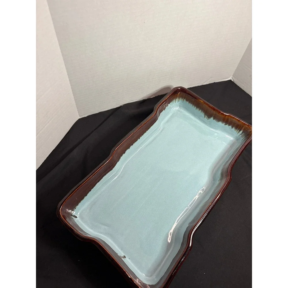 Rectangular Serving Platter Brown Rim Light Blue‎ Center Decorative Display Tray